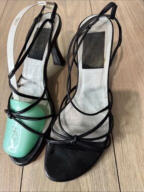 D&G Black Strappy Slingback Heels with Mint Accent